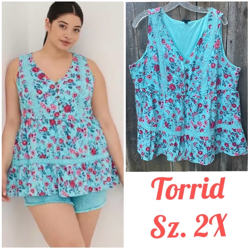 Torrid 2 Plus Size Turquoise Blue Floral V-Neck Tank Top 2X